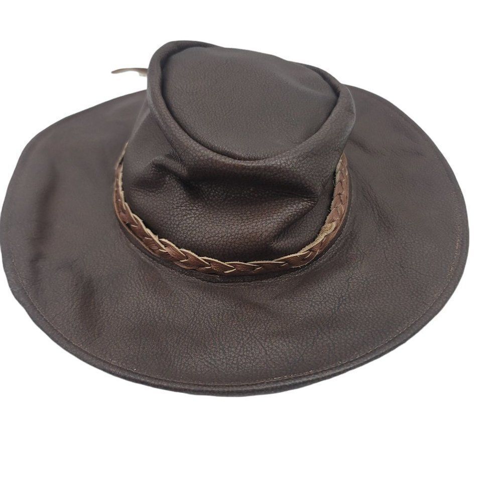 Vtg Men's Hat Cowboy Safari Rodeo Unisex Brown Distress Leather‎ Braided Band S - Picture 2 of 7